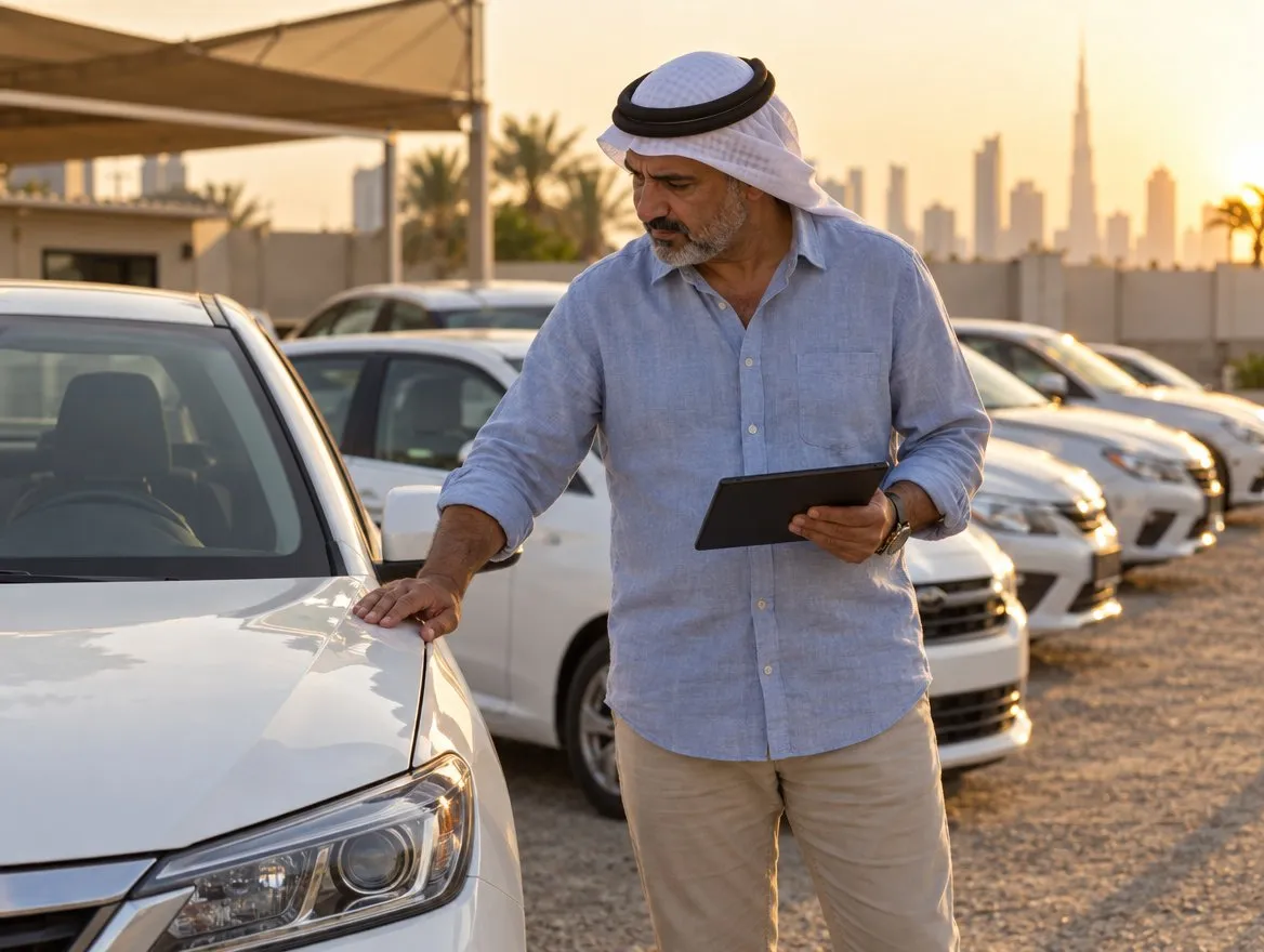 Illustrative scene of a car rental manager checking the fleet in the UAE