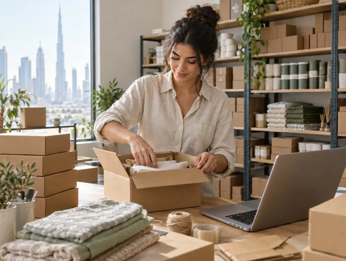 Illustrative scene of an online seller packing orders beside a laptop in the UAE