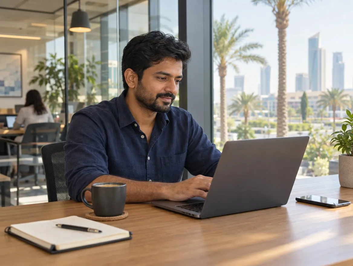 Illustrative scene of a consultant working on a laptop in a UAE office