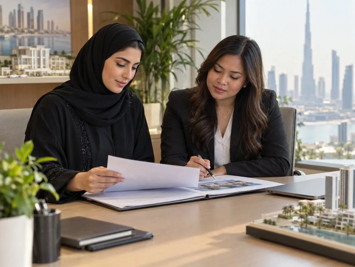 Illustrative scene of two agents reviewing documents in a UAE real estate office