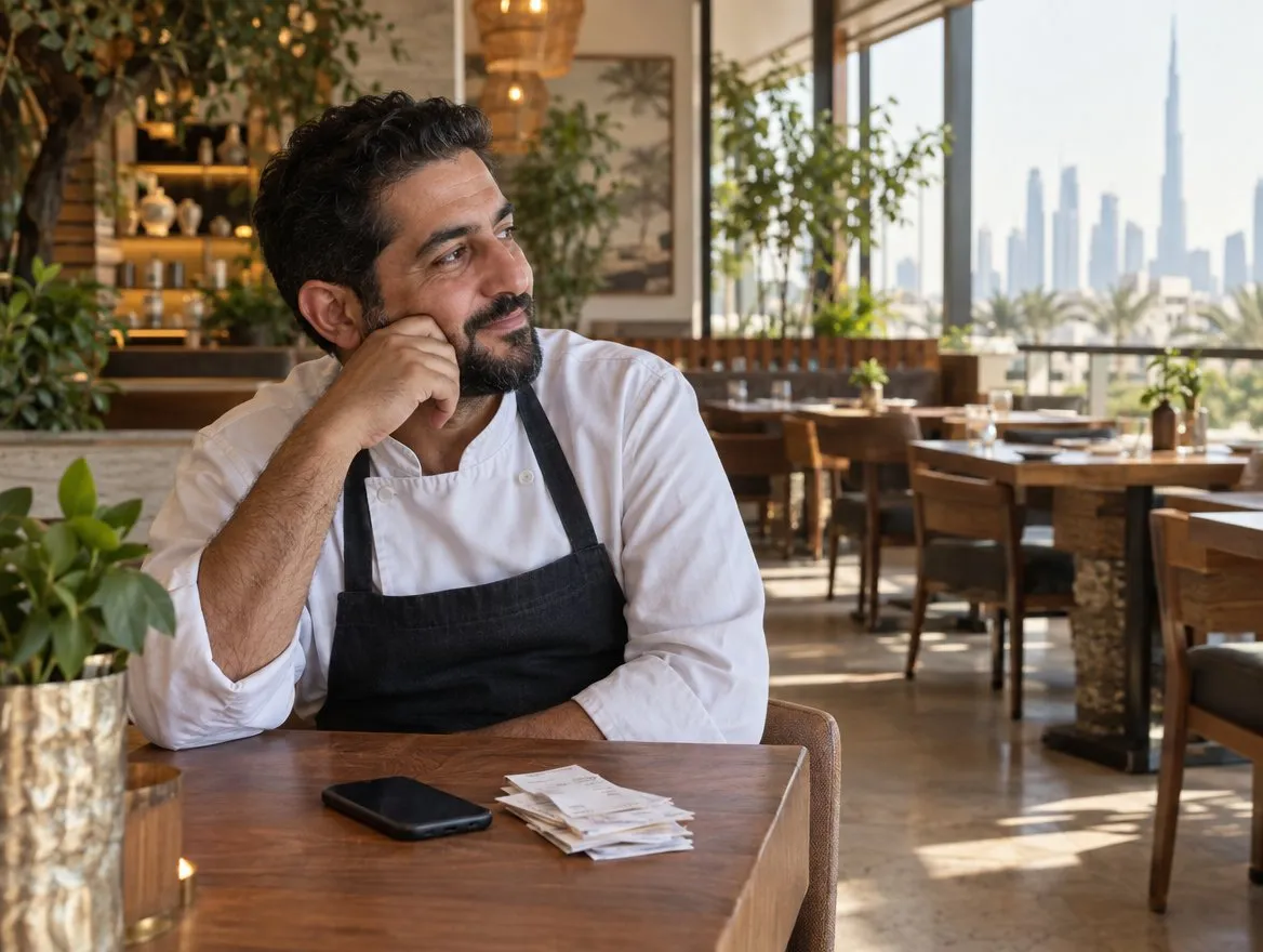 Illustrative scene of a restaurant owner taking a break at a table in the UAE
