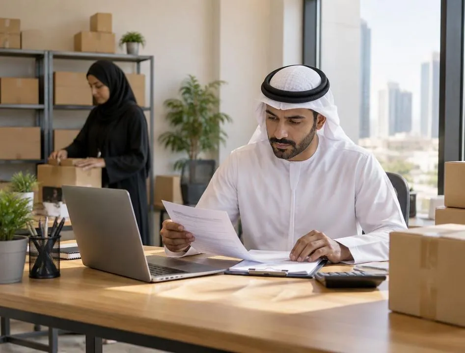 Illustrative scene of a small trading office in the UAE